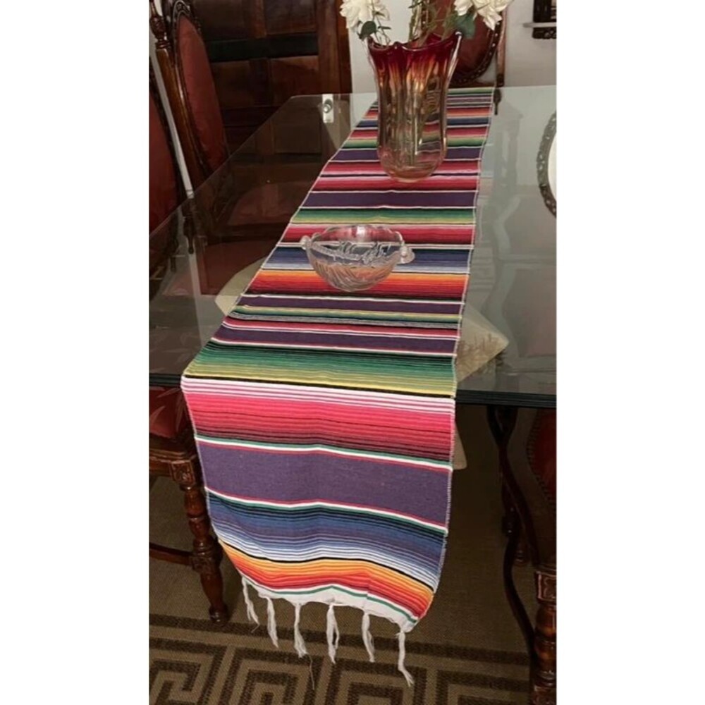 Mexican Serape Table Runner 14x86 Colorful Striped Fiesta Boho Tassel Decor